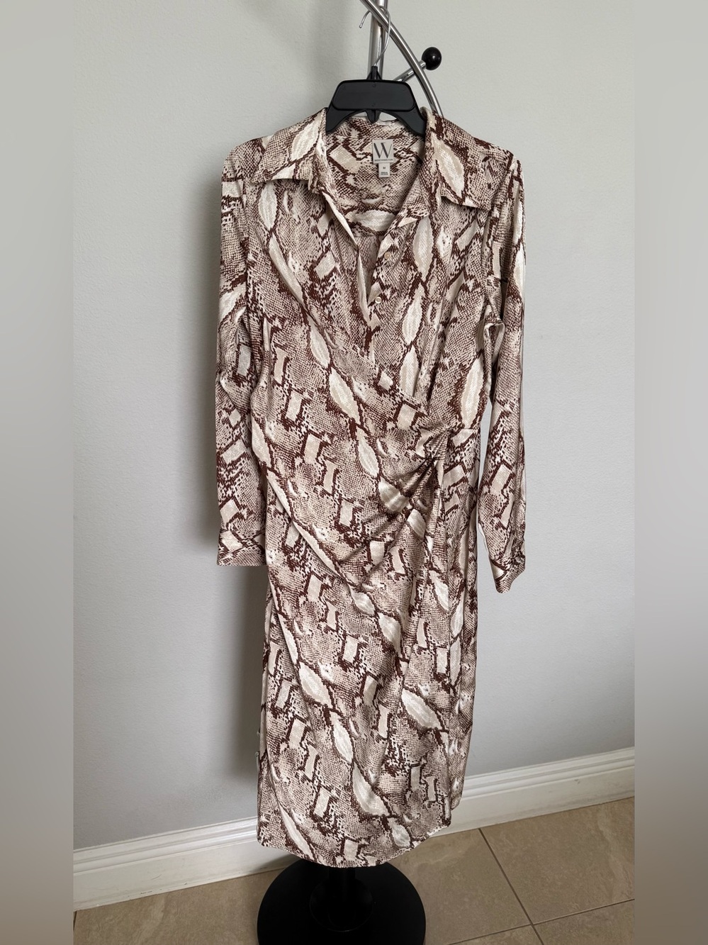 Worthington Brown and Cream Snake-Print Long-Sleeve Faux Wrap Dress